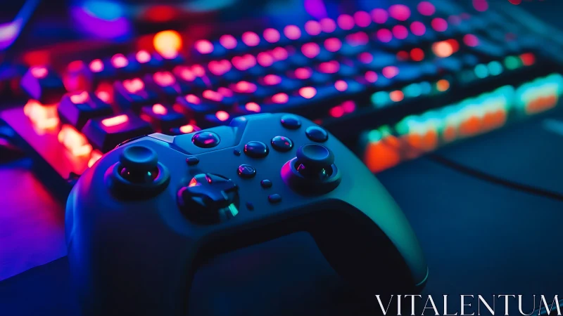Neon gaming controller rests before glowing RGB keyboard