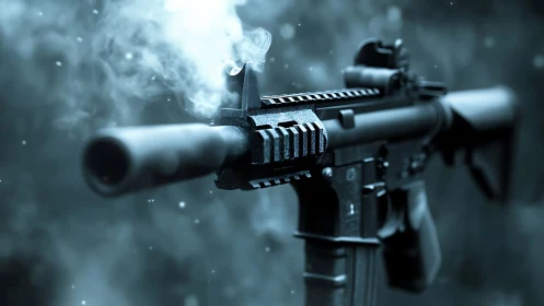 Suppressed tactical rifle muzzle emitting smoke in shallow depth of field