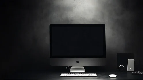 Minimalist desktop workstation rendered in dramatic low-key lighting