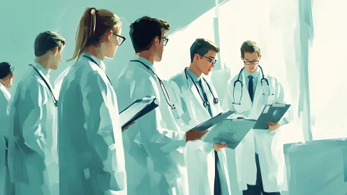 Medical team huddle in bright hospital corridor painting.