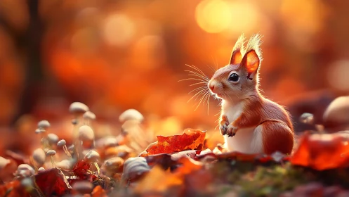 Autumn forest squirrel amid mushrooms and warm bokeh glow.