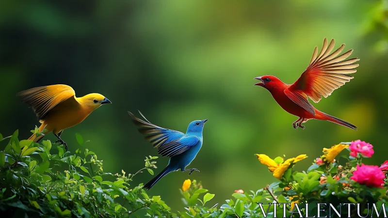 Vibrant Songbirds Flying Over Colorful Garden in Photorealistic Style.