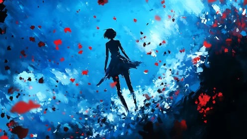 Silhouette girl amid blue storm sky and red petals.