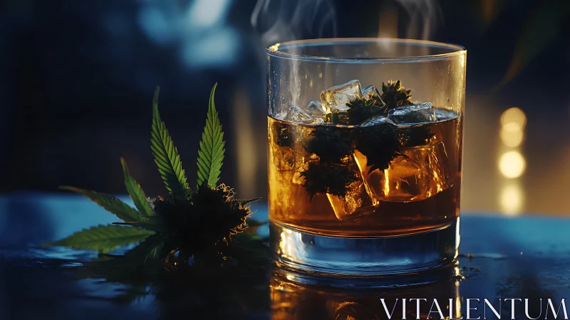 Whiskey glass with ice and botanical specimen on dark surface