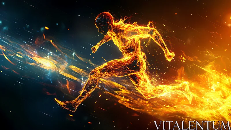 Flaming runner sprinting through a cosmic night blaze.