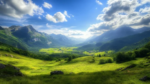 Sunlit valley with green meadows and distant mountain range.