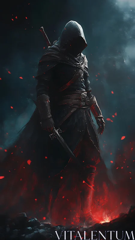 Hooded warrior stands in fiery embers amid swirling shadowed mist