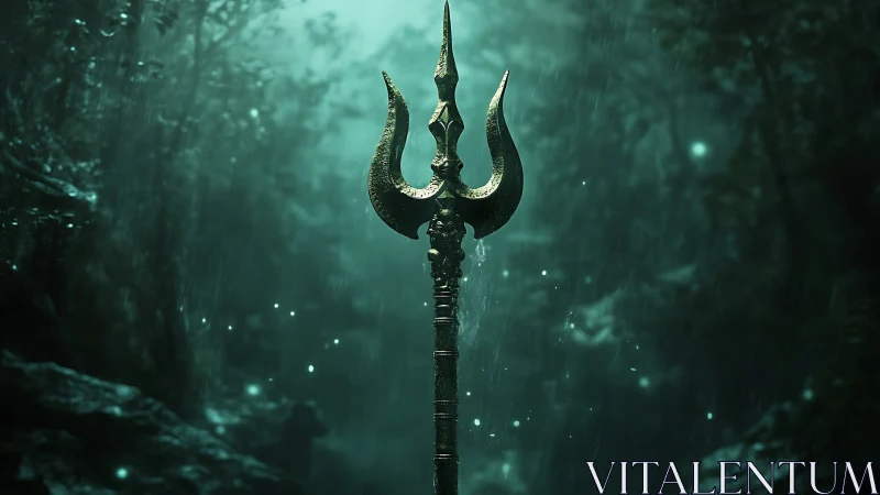 Ancient trident staff standing in misty forest rain scene.