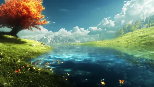 Vivid red tree beside crystal alpine lake under clouds.