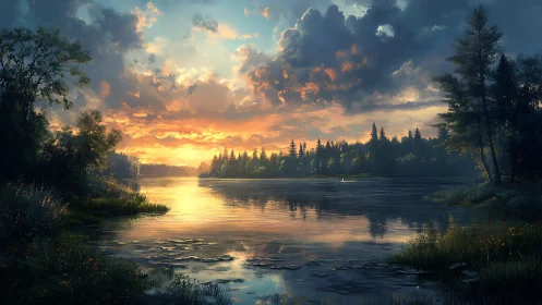 Golden lake sunset bathes tranquil forest shoreline in light