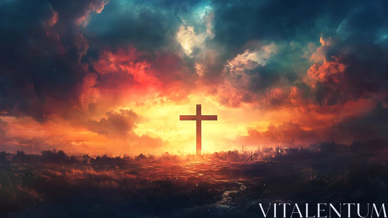 Burning horizon haloing a lone cross in stormlit dusk.