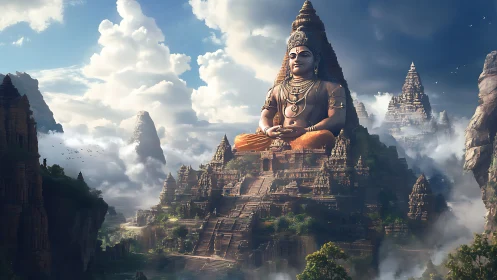 Colossal seated deity within mist-draped mountain temples.