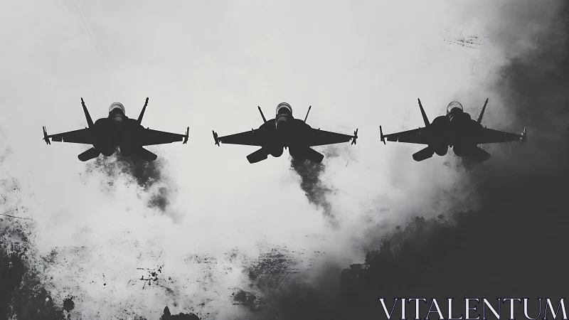 Triangular fighter jet formation leaves dense exhaust over clouds