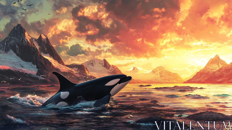 Orca breaching under blazing arctic sunset sky seascape.
