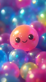 Kawaii glossy orb character in iridescent bokeh field.