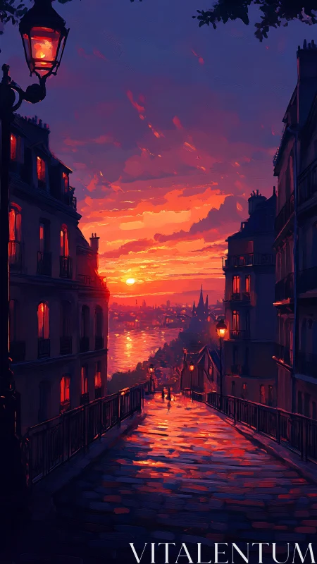 Sunlit riverside cityscape viewed along steep cobblestone street