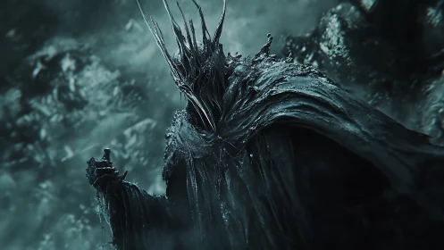 Dark armored figure stands in fog with elongated crown