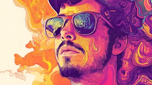 Vibrant psychedelic portrait shows reflective sunglasses and swirls