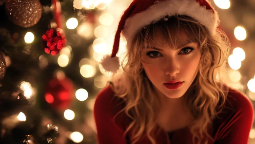 Festive woman in Santa hat framed by glowing Christmas lights.