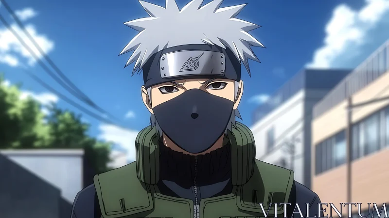 Masked silver haired ninja character in city street setting.