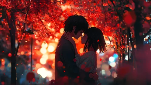 Silhouetted couple under crimson blossoms with bokeh glow.