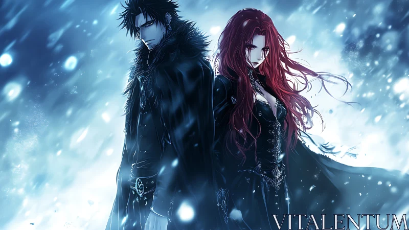 Dark anime duo command stormlit frozen battlefield.