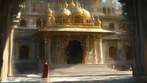 Golden temple doorway glowing in soft morning light.