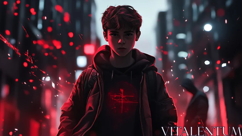 Teen boy stands in neon lit alley with glowing red hoodie emblem