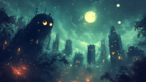 Owl-eyed monoliths looming over a moonlit ruined cityscape.