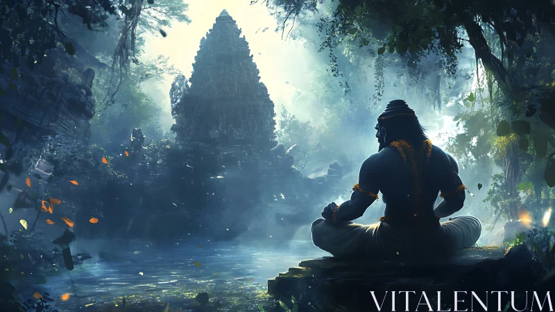 Mythic ascetic meditating before misted jungle temple ruins.