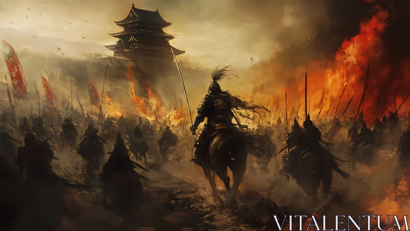 Armored cavalry assaulting pagoda fortress amid incendiary chaos.