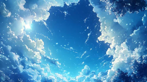 Drifting daydream clouds opening onto a bright blue sky.