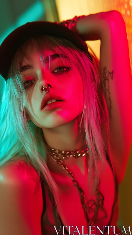 Neon lit portrait of pierced woman with cap and tattoos.
