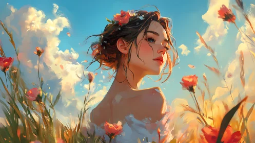 Sunlit daydreamer crowned in wildflower whispers.