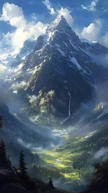 Towering snowcapped mountain over sunlit alpine valley.