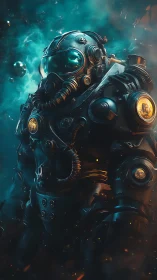 Armored space marine in glowing teal nebula field.