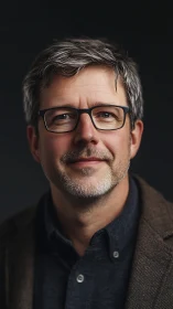 Thoughtful grey-templed gaze quietly anchors the dark frame