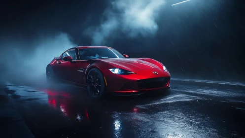 Red sports coupe cuts through cinematic rain with moody lighting