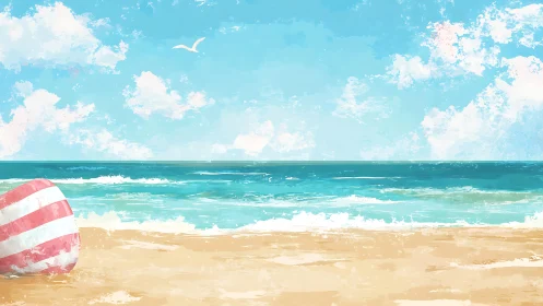 Striped beach ball rests on sand facing calm ocean horizon