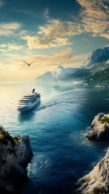 Cruise ship sailing through sunlit coastal cliffs at dawn.