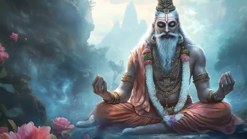 Mythic sage in meditative asana within ethereal valley atmosphere.