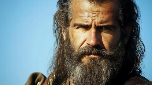 Middle aged man with full beard against clear blue sky.