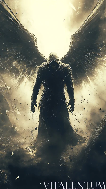 Dark winged reaper silhouette framed by explosive halo light.