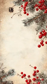 Vintage winter border with red berries and pine branches.