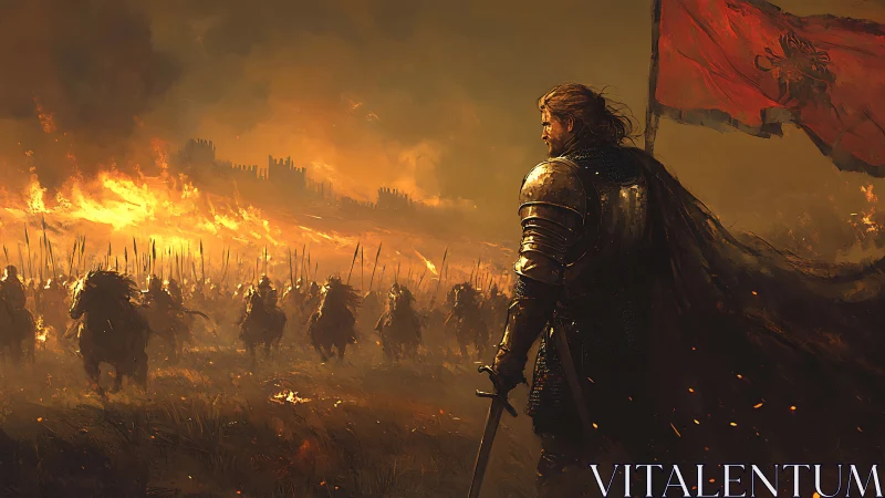 Armored warlord overlooking cavalry charge before burning citadel