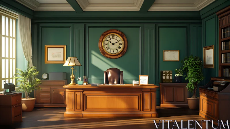 Sunlit classic executive office showcases wood and teal walls