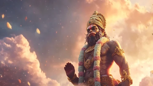 Divine warrior deity in garlanded gold armor under sunset sky.