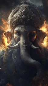 Majestic elephant deity stands amid swirling sacred flames