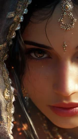 Glimmering gaze rests beneath jeweled veil in warm light