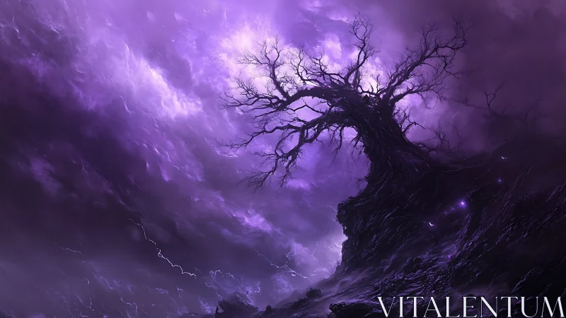 Storm‑crowned ghost tree writhes beneath violet thunder skies.